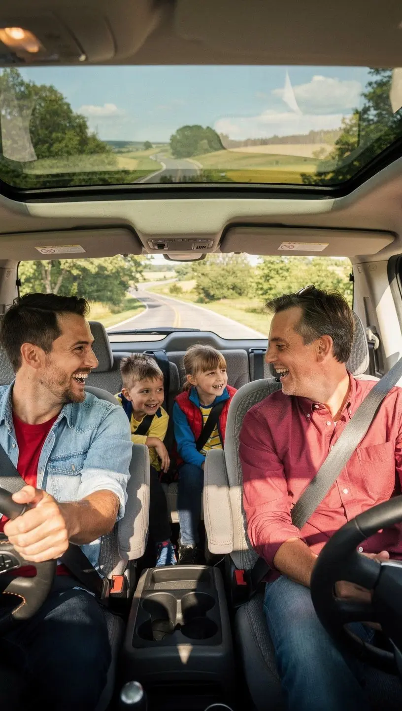 Счастливая семья, наслаждающаяся поездкой, благодаря надежному страхованию автомобиля.