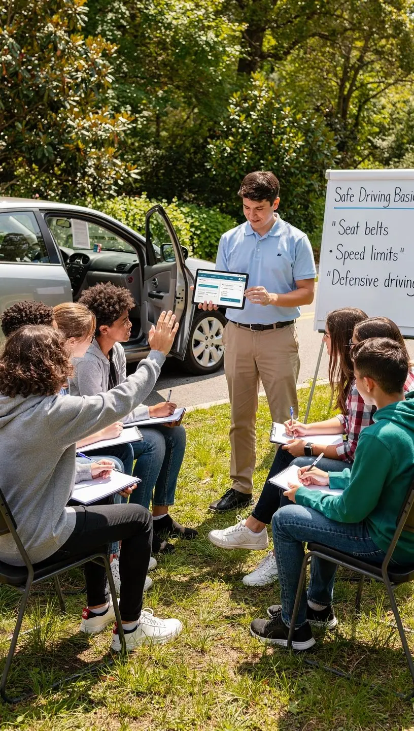 Счастливая семья, получающая помощь после аварии, демонстрирует поддержку и координацию ремонта.