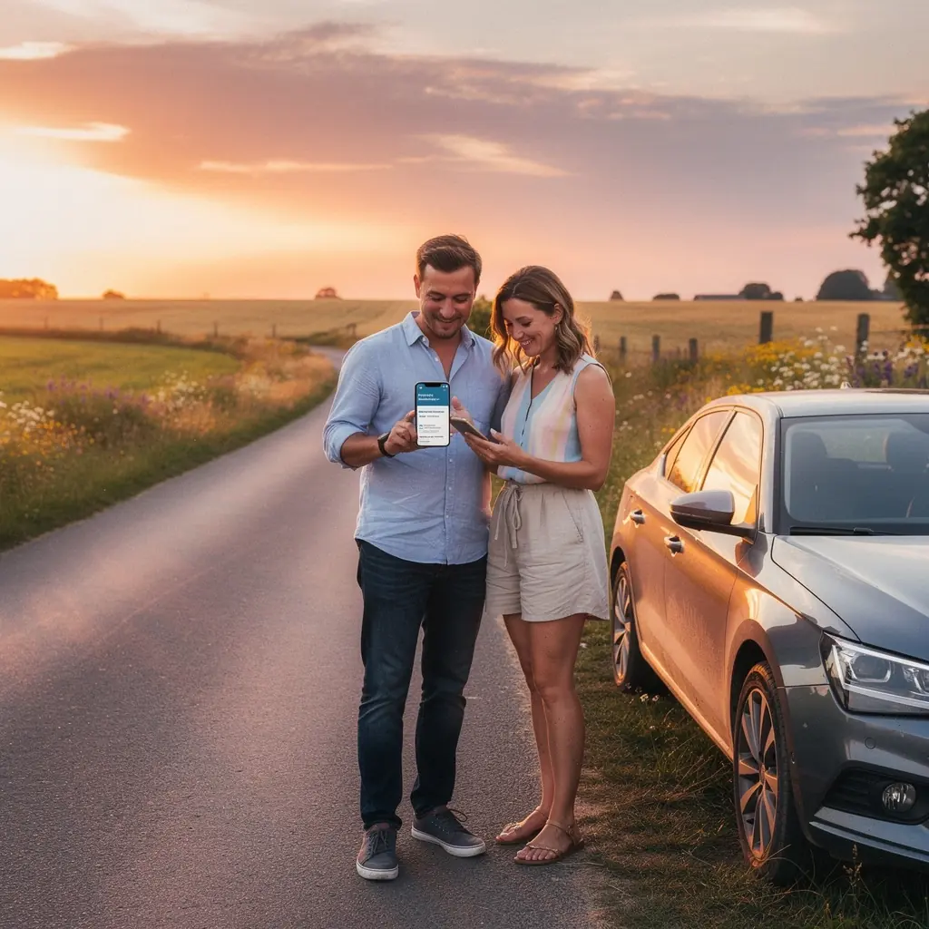 Изображение автомобиля с водителем, который получает консультацию по страховке.